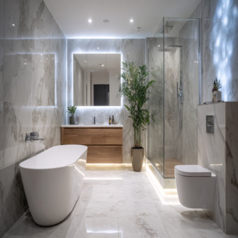 Modern Bathroom Design with Freestanding Tub and Marble Finishes