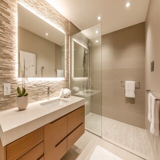 Modern Bathroom Design with Glass Shower Partition and Quartz Countertop