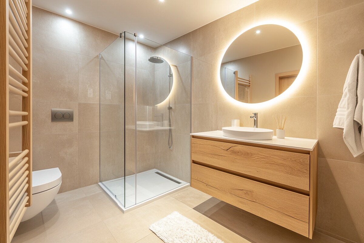 Modern Bathroom Design with Glass Shower Partition and Round Mirror Modern Bathroom Design with Glass Shower Partition and Round Mirror