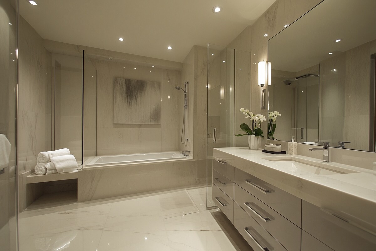 Modern Bathroom Design with Glossy Drawers and Marble Surfaces