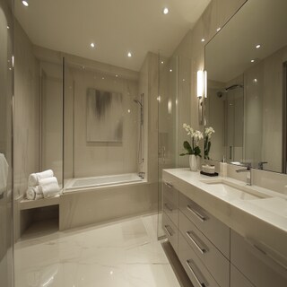Modern Bathroom Design with Glossy Drawers and Marble Surfaces