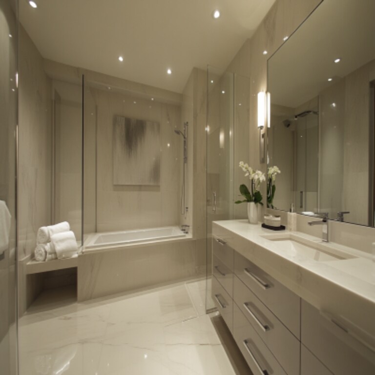 Modern Bathroom Design with Glossy Drawers and Marble Surfaces