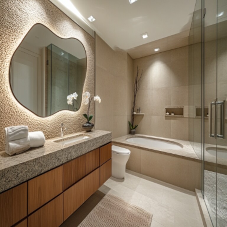 Modern Bathroom Design with Granite Vanity and Irregular Shaped Mirror