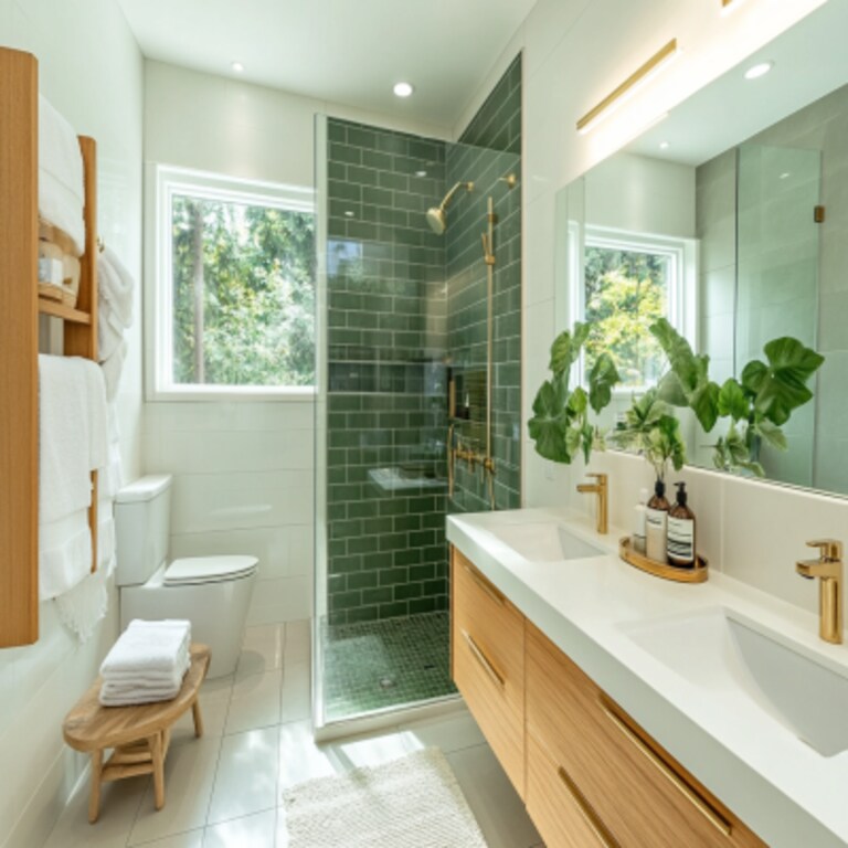 Modern Bathroom Design with Green Shower Tiles and Quartz Vanity