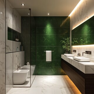 Modern Bathroom Design with Green Tiles, Marble Wall and Vanity