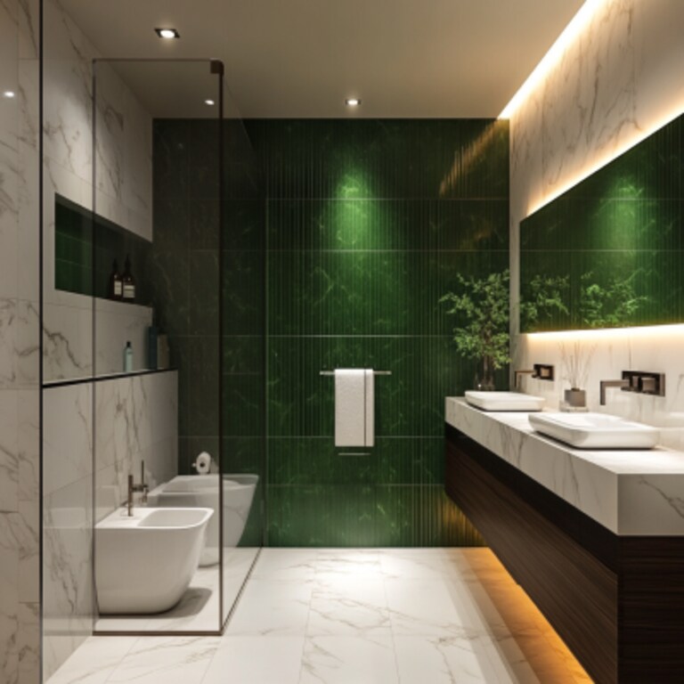 Modern Bathroom Design with Green Tiles, Marble Wall and Vanity