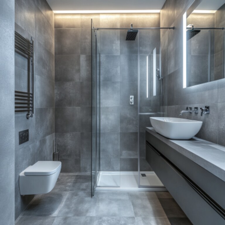 Modern Bathroom Design with Grey Ceramic Tiles and Glass Partition