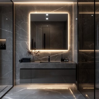 Modern Bathroom Design with Grey Marble and LED-Lit Mirror