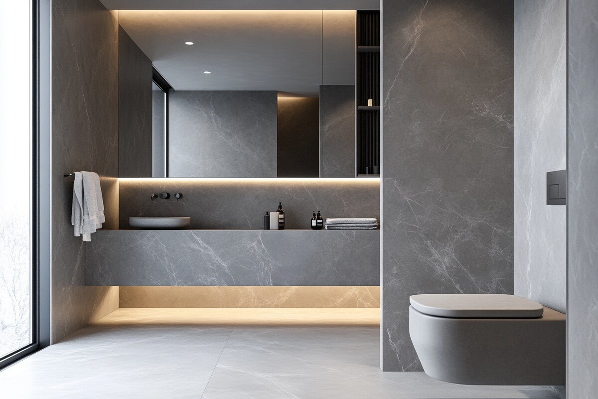 Modern Bathroom Design with Grey Marble Walls and Open Storage Modern Bathroom Design with Grey Marble Walls and Open Storage