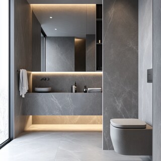 Modern Bathroom Design with Grey Marble Walls and Open Storage