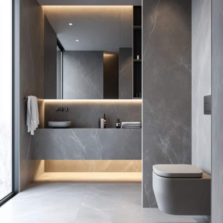 Modern Bathroom Design with Grey Marble Walls and Open Storage