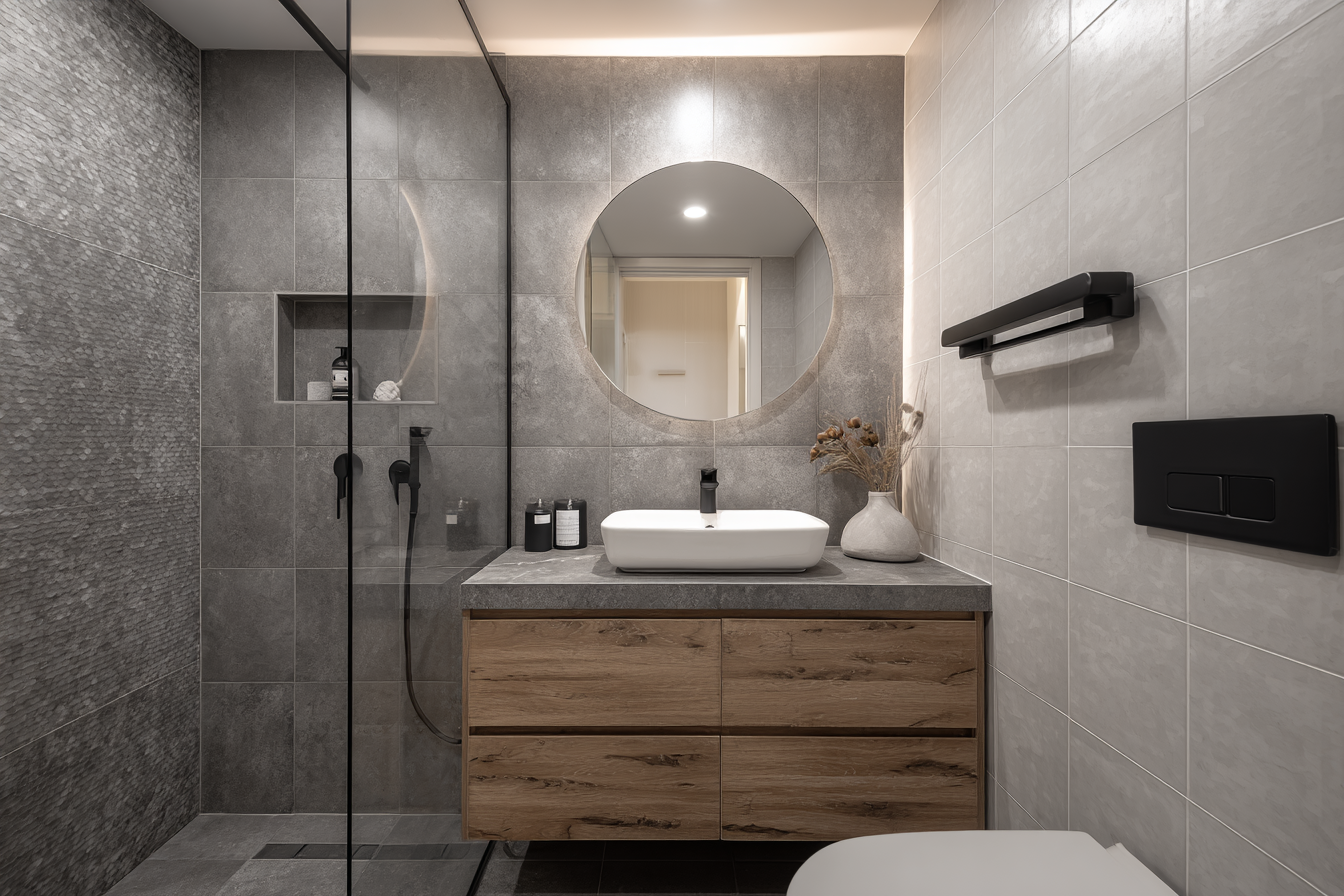 Photo inspiration: Fresh Look at Modern Bathroom Design With Grey Textured Tiles