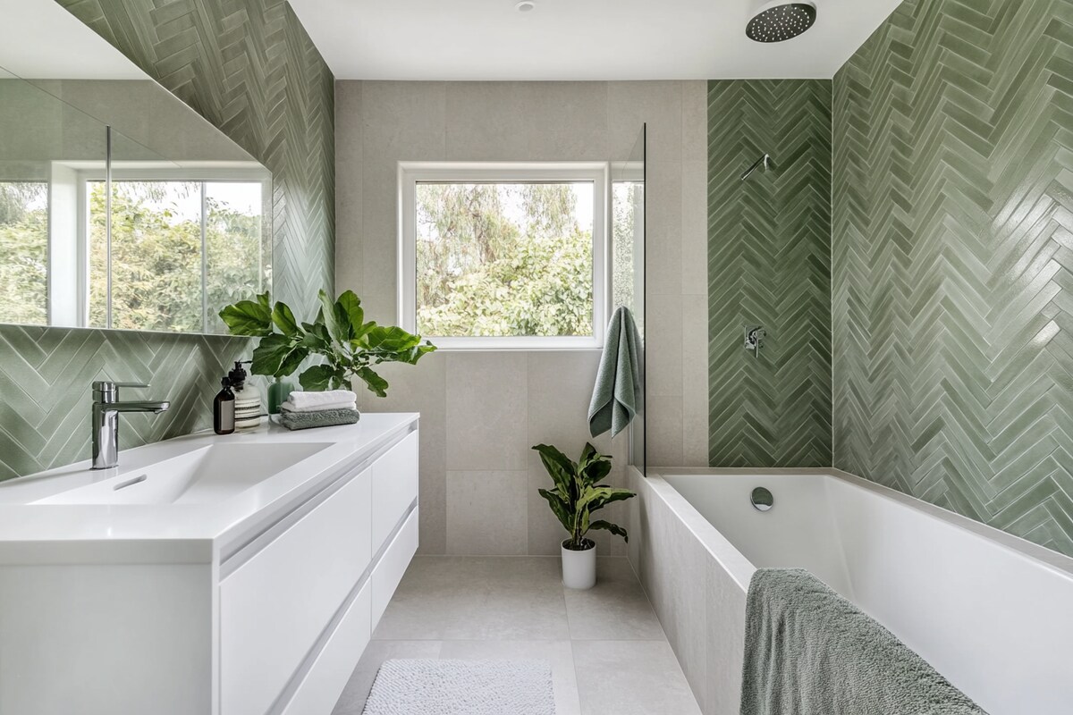 Modern Bathroom Design with Herringbone Green Tile Design Modern Bathroom Design with Herringbone Green Tile Design