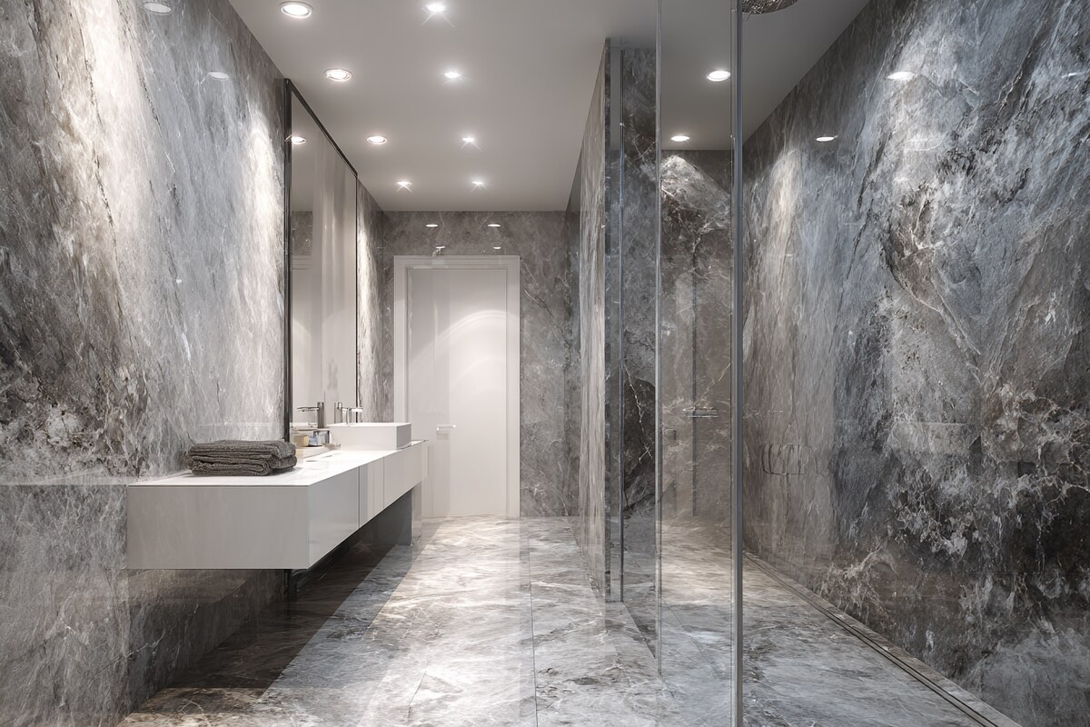 Modern Bathroom Design With Light And Dark Grey Marble Tiles