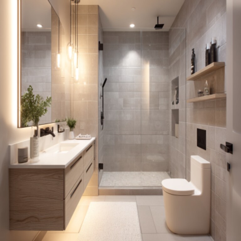 Modern Bathroom Design with Light Grey Tiles and Drawer Vanity