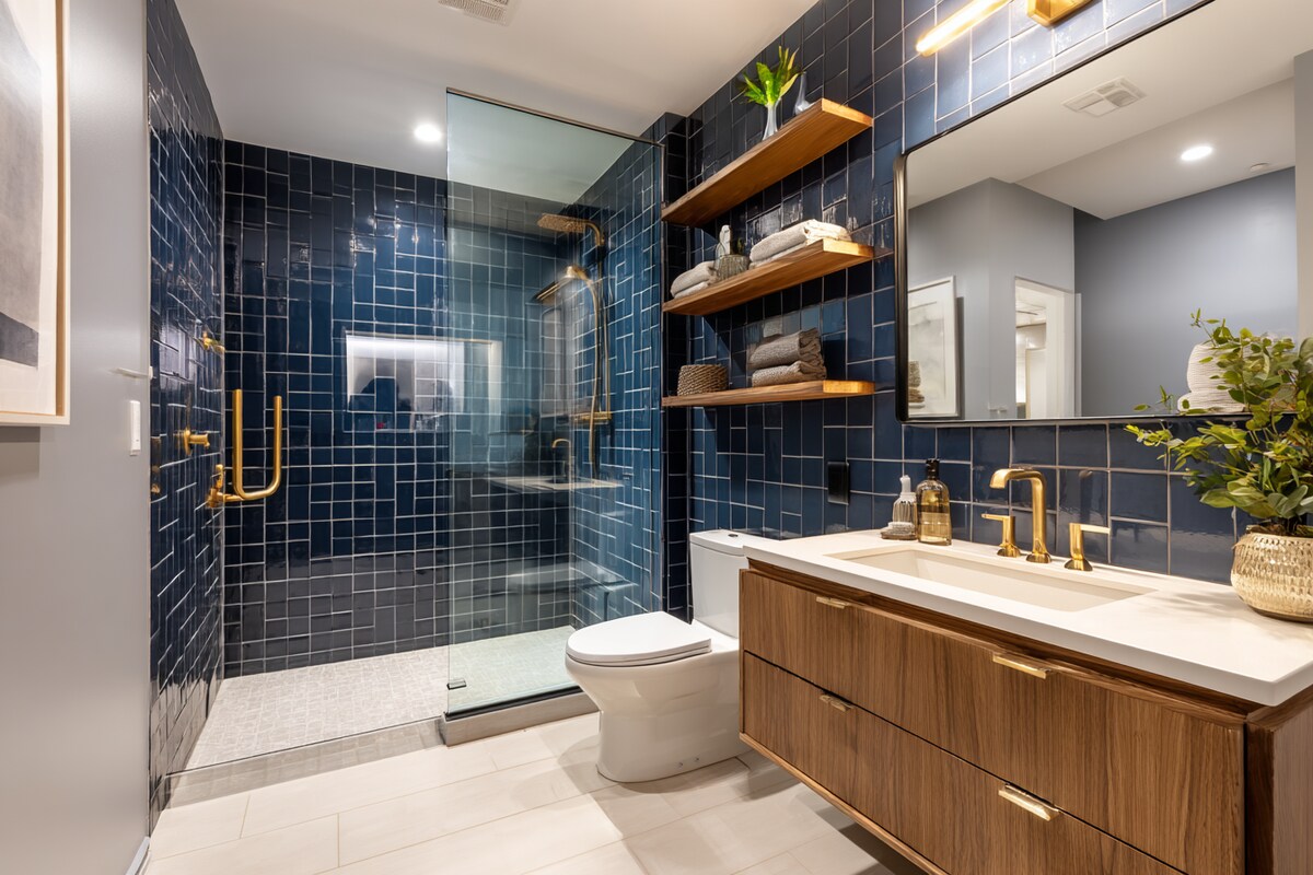 Modern Bathroom Design with Navy Blue Accent Wall Tile