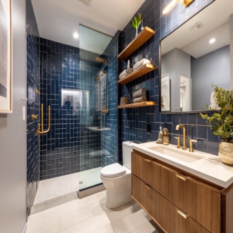 Modern Bathroom Design with Navy Blue Accent Wall Tile