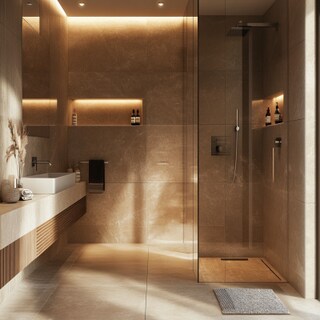 Modern Bathroom Design with Sandstone Walls and Walk-In Shower