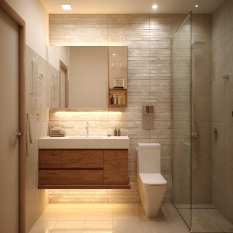 Modern Bathroom Design With Textured Beige Tiles