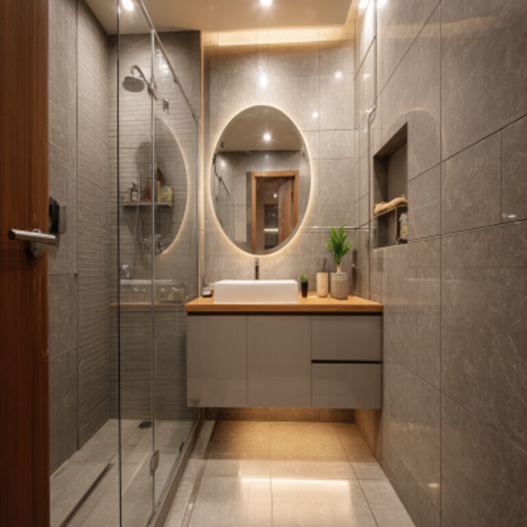 Modern Bathroom Design With Textured Grey Vitrified Tiles