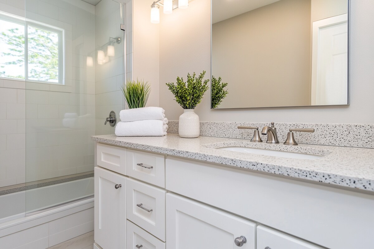 Modern Bathroom Design with Vanity Storage, Granite Countertop and Mirror