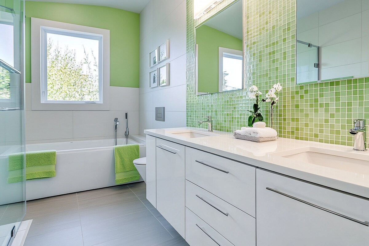 Modern Bathroom Design with White and Green Tile Accents Modern Bathroom Design with White and Green Tile Accents