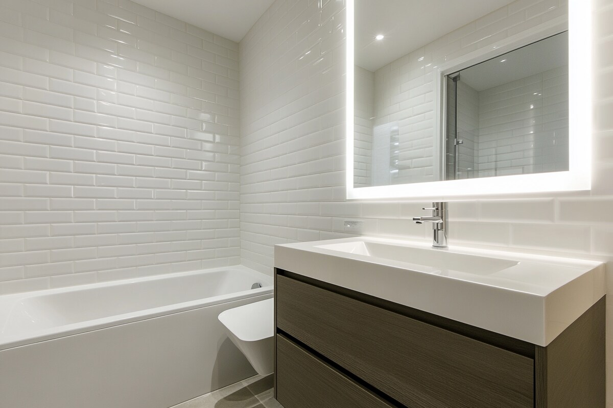 Modern Bathroom Design with White Tiles and Sleek Vanity Storage Modern Bathroom Design with White Tiles and Sleek Vanity Storage