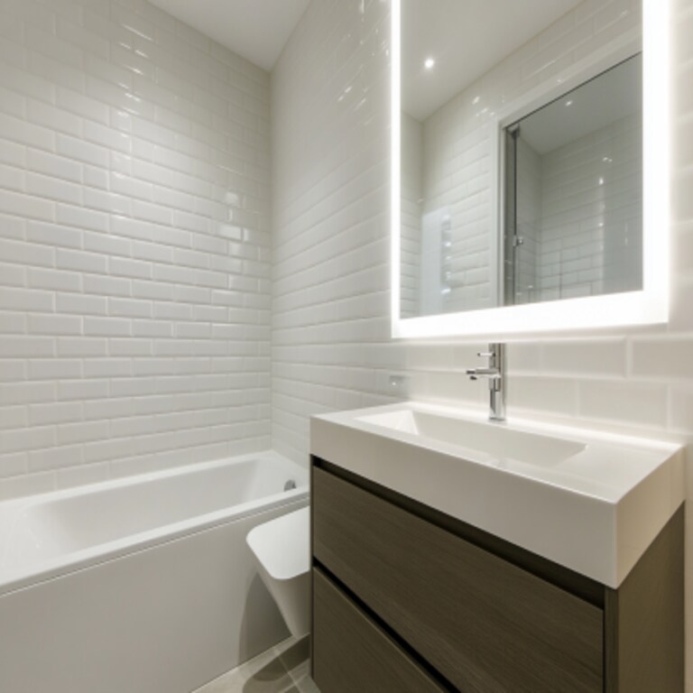 Modern Bathroom Design with White Tiles and Sleek Vanity Storage