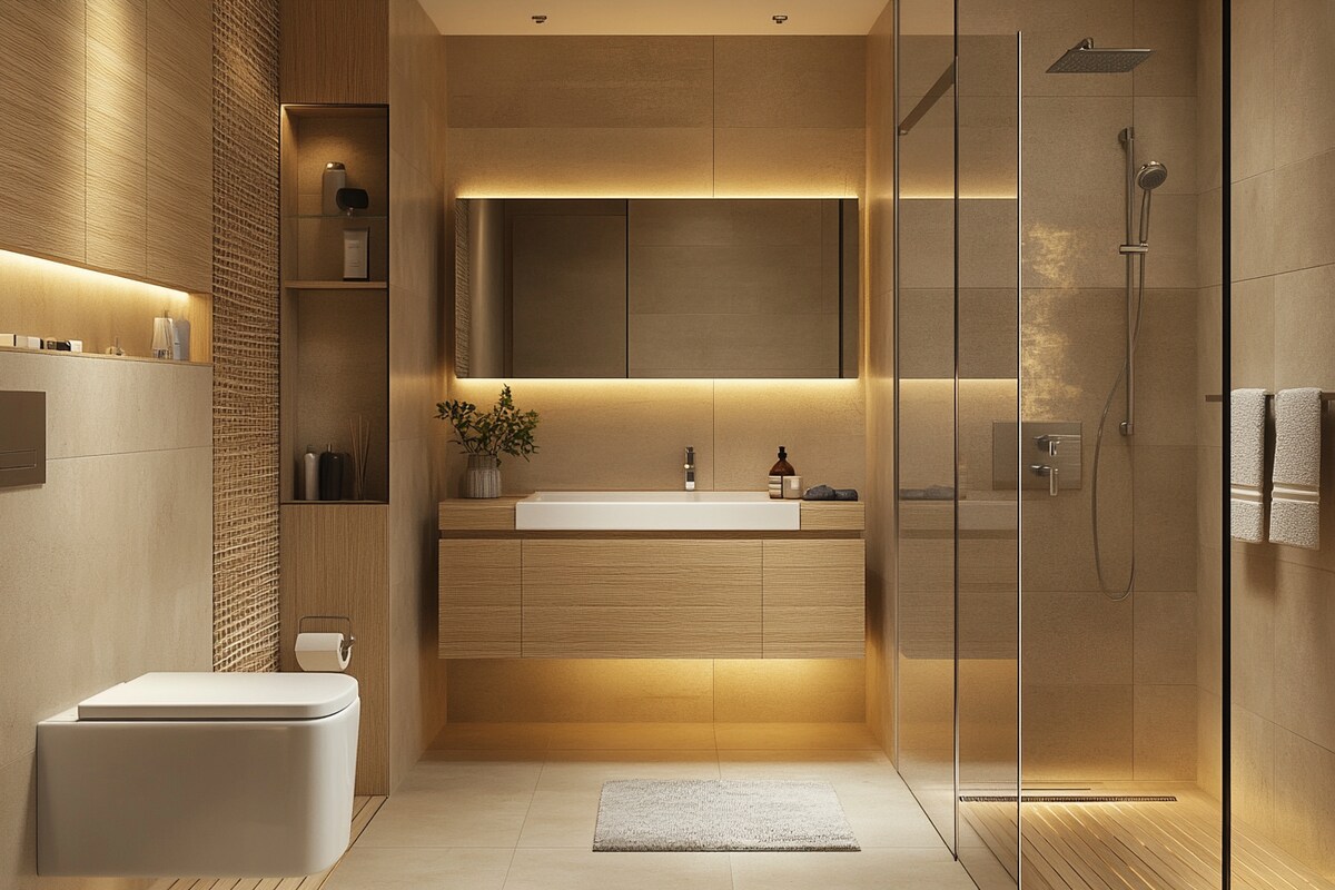 Modern Bathroom Design with Wooden and Beige Tile Accents Modern Bathroom Design with Wooden and Beige Tile Accents