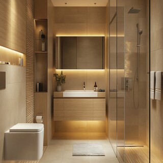 Modern Bathroom Design with Wooden and Beige Tile Accents