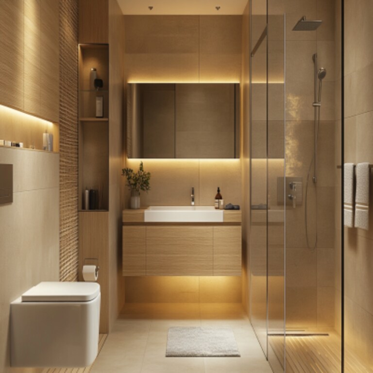 Modern Bathroom Design with Wooden and Beige Tile Accents