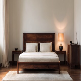 Modern Bedroom Design With A Dark Wooden Double Bed With A Headboard