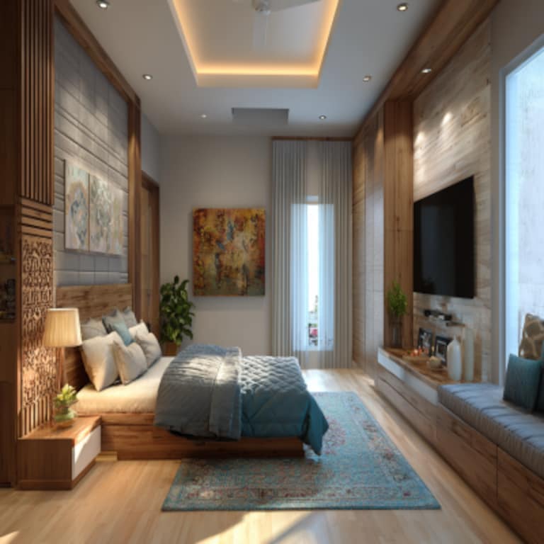 Modern Bedroom Design With A Double Bed And A TV Cabinet