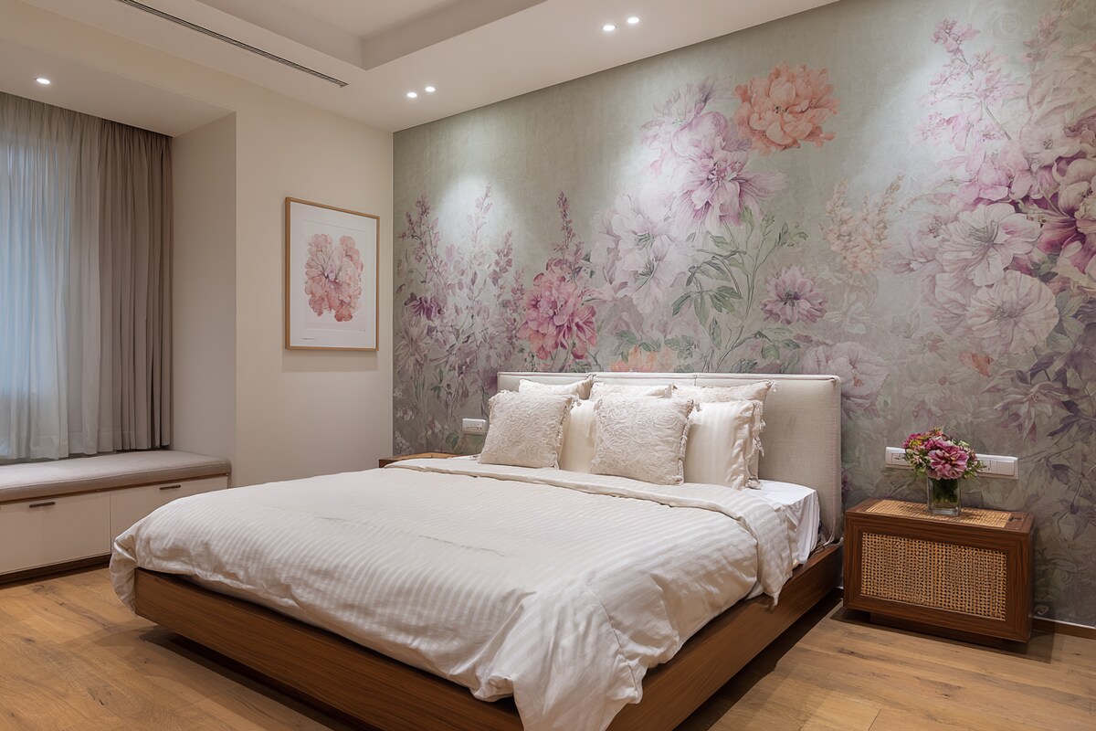Modern Bedroom Design With A Floral Wallpaper With A Textured Finish Modern Bedroom Design With A Floral Wallpaper With A Textured Finish