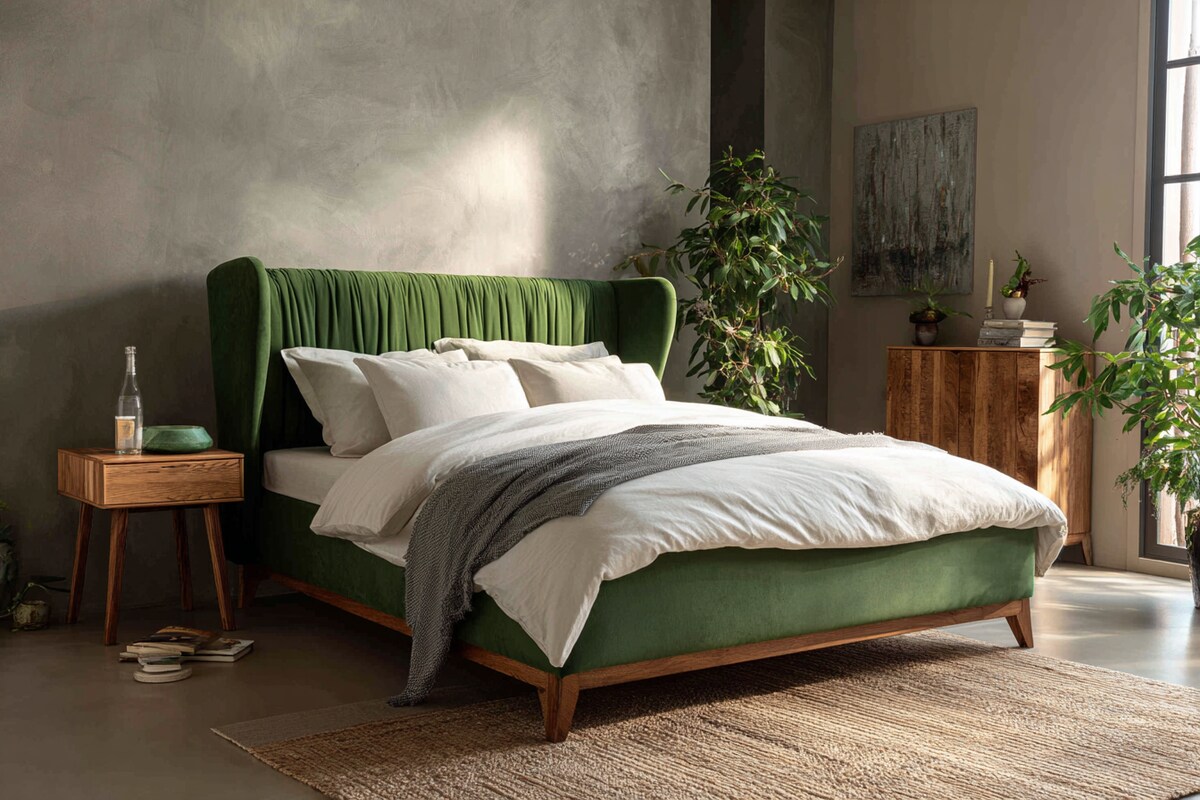 Modern Bedroom Design With A Green Upholstered Double Bed Modern Bedroom Design With A Green Upholstered Double Bed