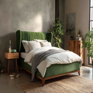 Modern Bedroom Design With A Green Upholstered Double Bed