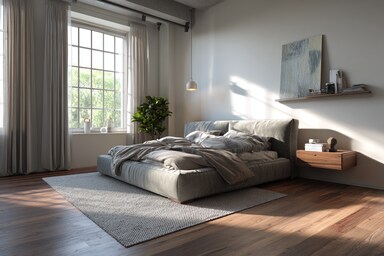 Modern Bedroom Design With A Grey Upholstered Bed And Wall-Mounted Side ...