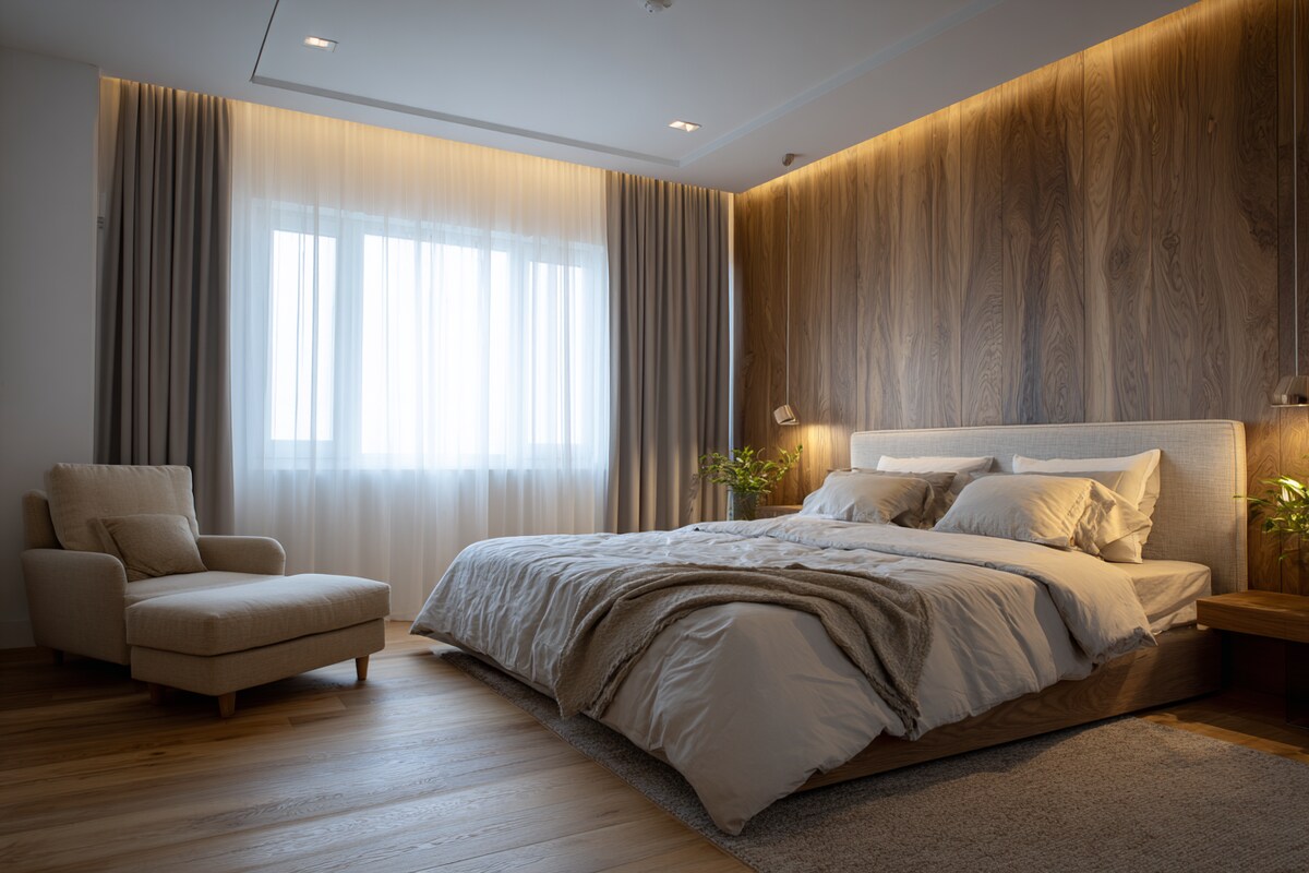 Modern Bedroom Design With A King Size Bed And A Beige Armchair Modern Bedroom Design With A King Size Bed And A Beige Armchair