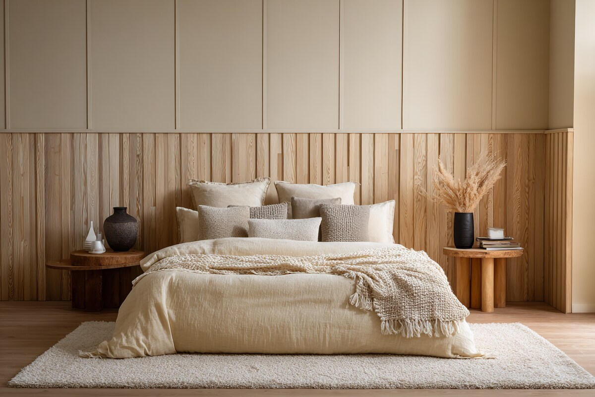 Modern Bedroom Design With A King Size Bed And Beige Wall Panelling Modern Bedroom Design With A King Size Bed And Beige Wall Panelling