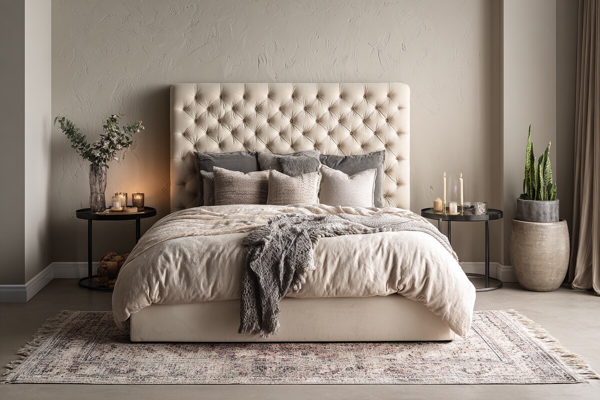 Modern Bedroom Design With A King Size Bed With A Cream Tufted Headboard Modern Bedroom Design With A King Size Bed With A Cream Tufted Headboard