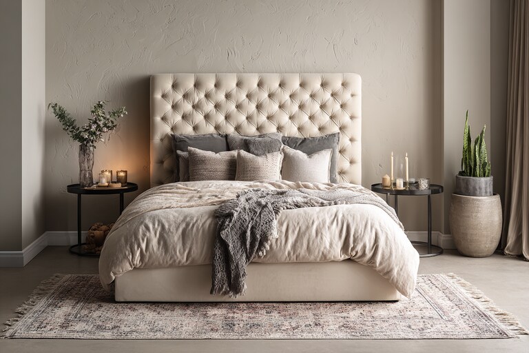 Modern Bedroom Design With A King Size Bed With A Cream Tufted Headboard