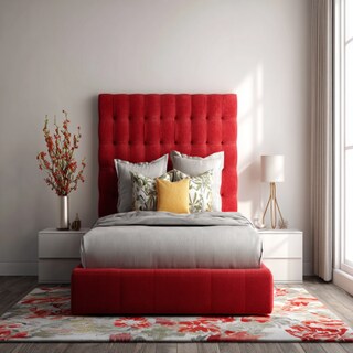 Modern Bedroom Design With A King Size Bed With A Red Upholstered Headboard