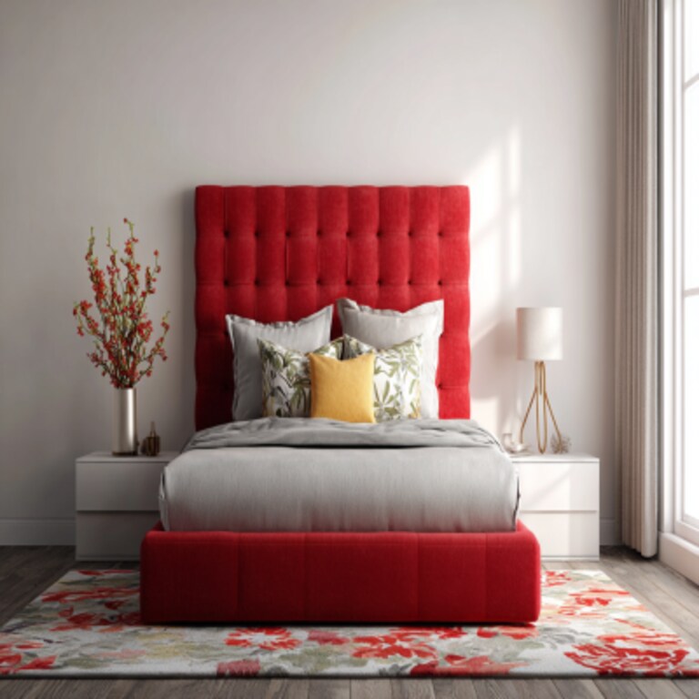 Modern Bedroom Design With A King Size Bed With A Red Upholstered Headboard