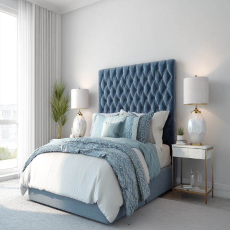 Modern Bedroom Design With A King Size Bed With Blue Tufted Headboard