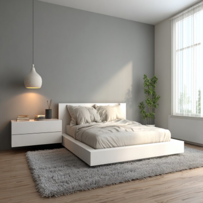Modern Bedroom Design With A Platform Bed And A Wall-Mounted Dresser