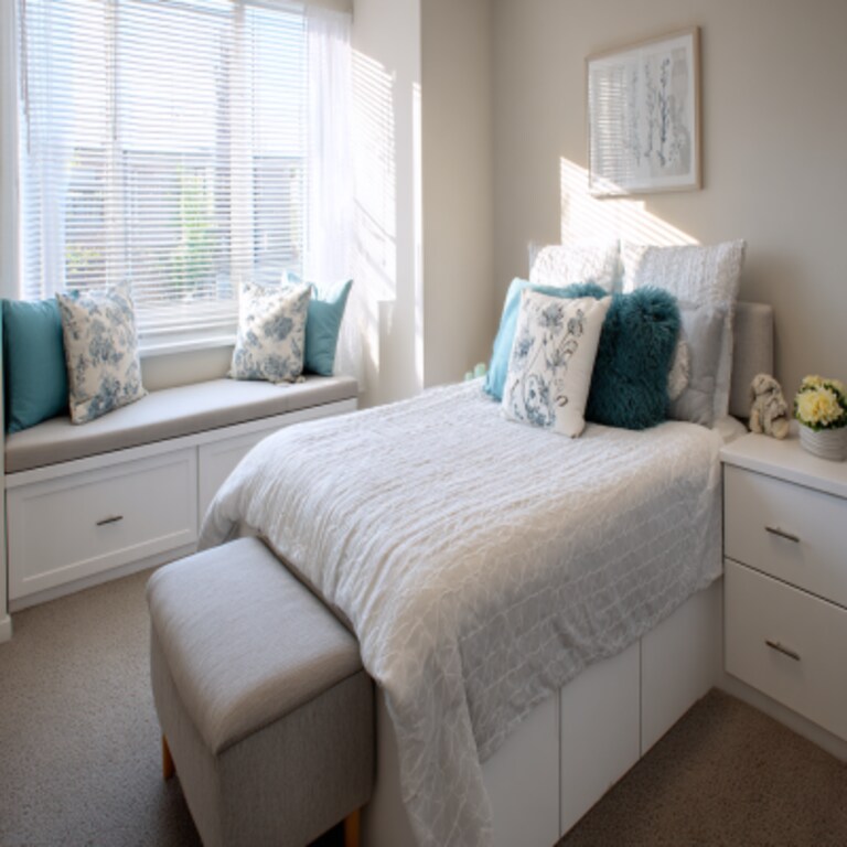 Modern Bedroom Design With A Queen Bed And Bay Seating With Storage
