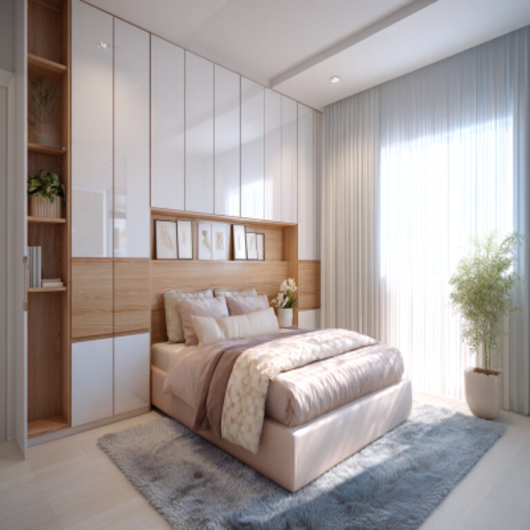 Modern Bedroom Design With A Queen Bed And Full-Wall Wardrobe