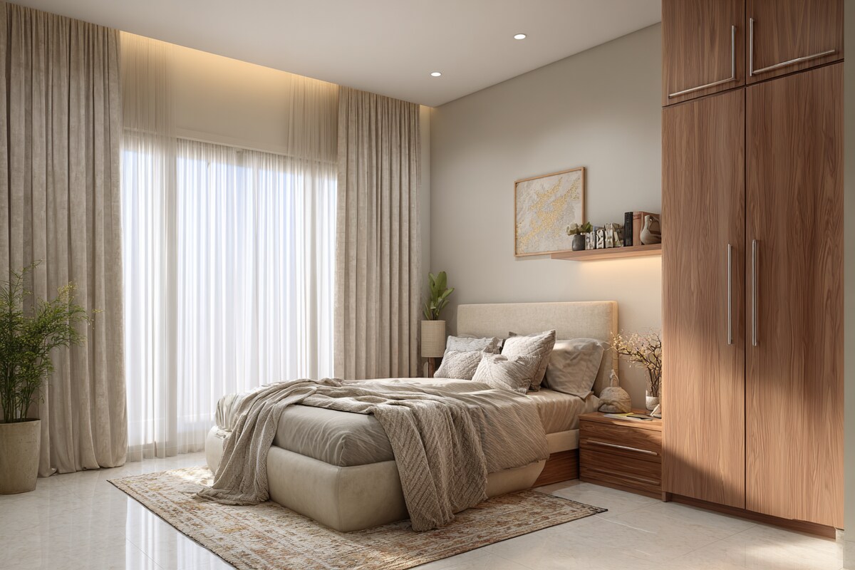 Modern Bedroom Design With A Queen Size Bed And A Swing Wardrobe Modern Bedroom Design With A Queen Size Bed And A Swing Wardrobe