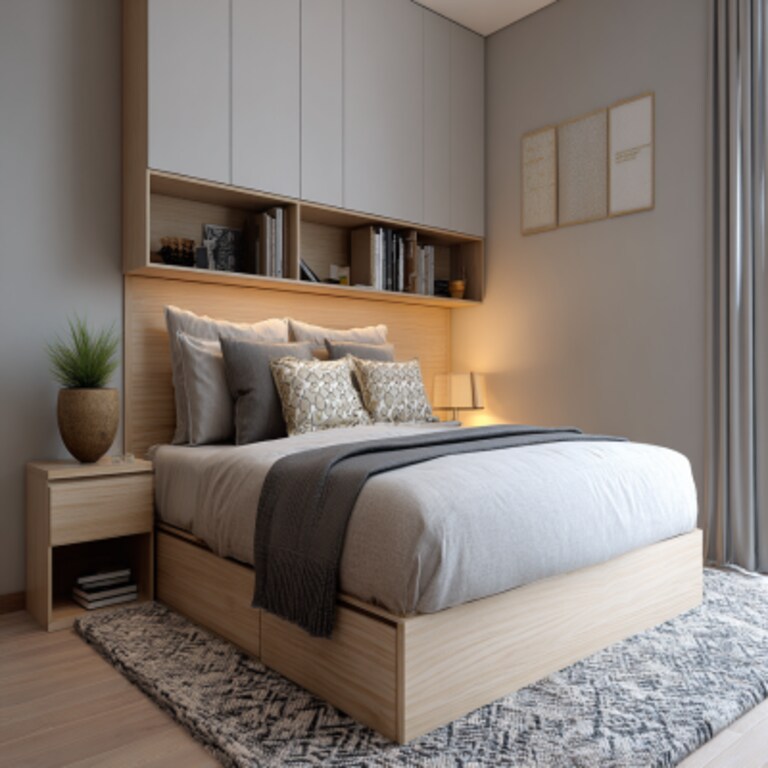 Modern Bedroom Design With A Queen Size Bed And Overhead Open And Closed Storage