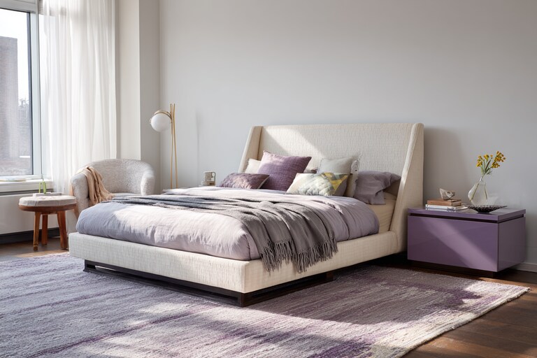 Modern Bedroom Design With A Queen Size Bed And White And Purple Side ...